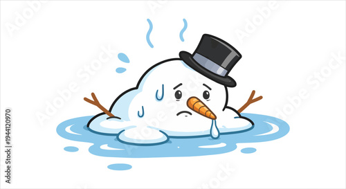 Melting snowman with carrot nose and top hat, symbolizing warmth and summer