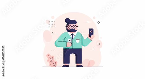 Trendy man with glasses and bun holding two phones, illustrated