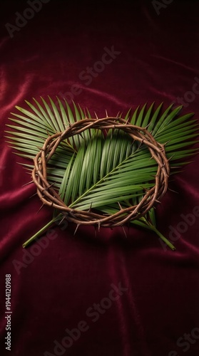 Crown of Thorns and Palm Leaves on Red Fabric Representing Palm Sunday and Easter.