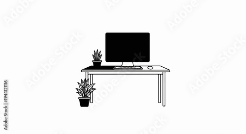 Minimalist desk setup with computer, keyboard, mouse, and plants