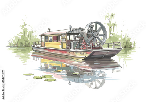 Airboat with large fan engine floats on calm water with lily pads and marshy background
