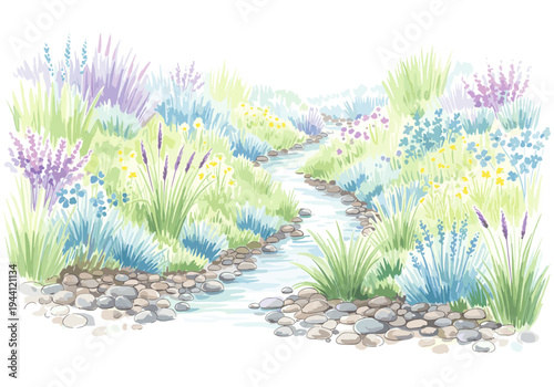 Watercolor illustration of a winding stream through a vibrant garden with lavender and wildflowers