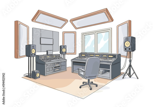 Professional recording studio setup with mixing consoles, speakers, and soundproofing panels