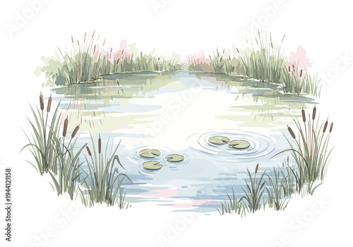 Serene watercolor pond with cattails and lily pads reflecting the sky and surrounding greenery