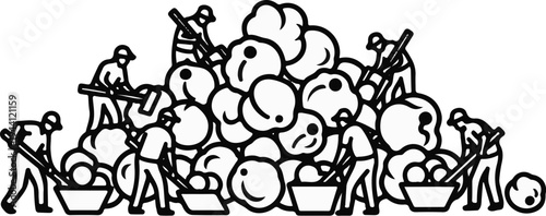 Stylized workers harvest a large pile of round objects