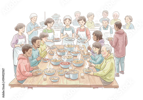 Diverse group of people enjoying a communal meal with steaming bowls of soup