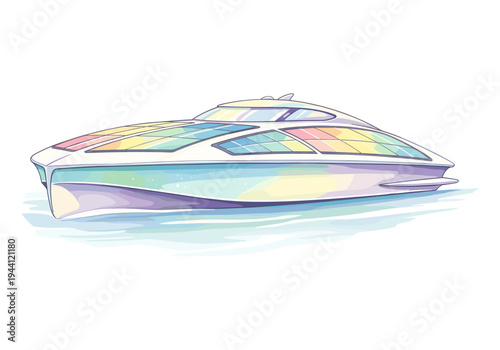 Modern futuristic yacht with rainbow solar panels sailing on calm blue water