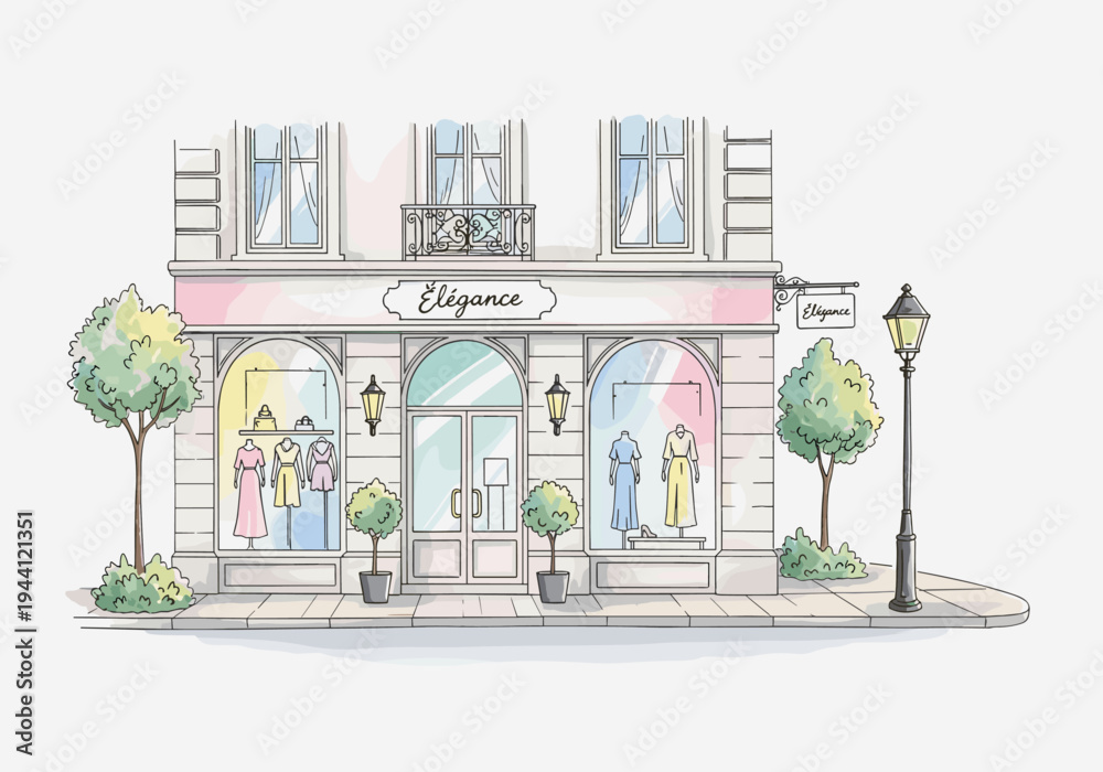 Naklejka premium Charming Parisian boutique storefront with elegant dresses displayed in windows