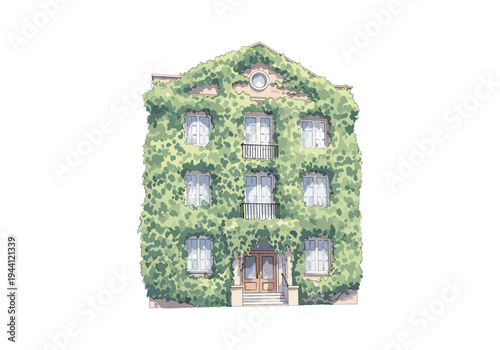 Charming building facade completely covered in lush green ivy, a picturesque architectural detail