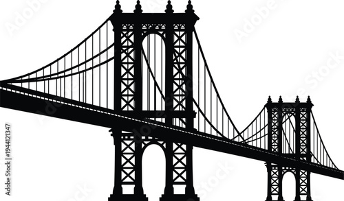 Manhattan Bridge silhouette, iconic New York suspension bridge landmark, urban skyline architecture, famous USA city infrastructure vector illustration