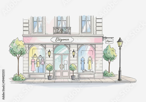 Charming Parisian boutique storefront with elegant dresses displayed in windows