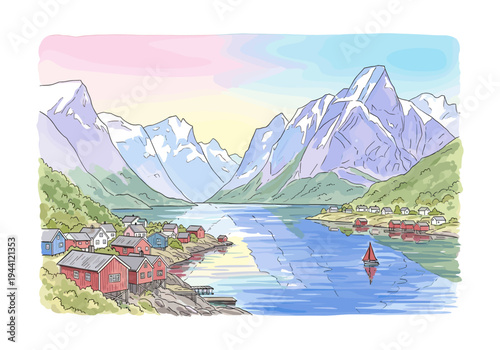 Idyllic coastal village nestled between majestic snow-capped mountains and a serene blue fjord