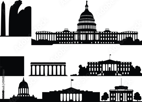 Washington DC landmarks silhouette set, Capitol White House Lincoln Memorial monuments skyline, famous USA government architecture vector illustration