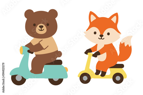 Cute Bear and Fox Riding Scooters and Kick Scooter, Animal Commuting and Outdoor Activity Flat Vector Illustration