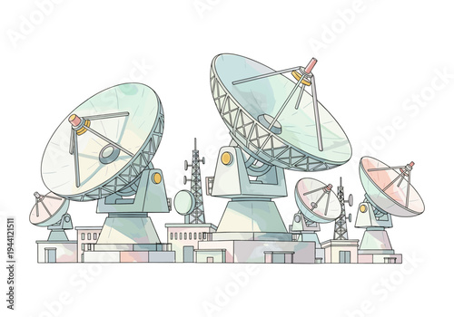 Array of satellite dishes and communication towers in a research facility