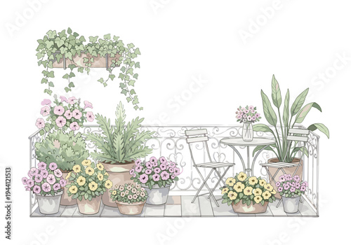 Charming balcony garden with potted flowers, plants, and a bistro set, illustrated in a soft watercolor style