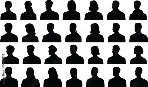 People avatar silhouette collection, diverse male female user profiles set, social media default icons, community portrait vector illustration