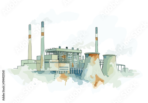 Watercolor illustration of a power plant with smokestacks and cooling towers emitting steam