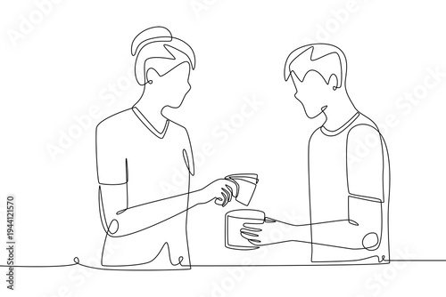 Women who give alms. Giving to charity concept one-line drawing