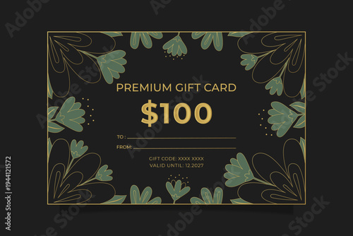 Premium gift card template with golden floral frame on dark background vector illustration.