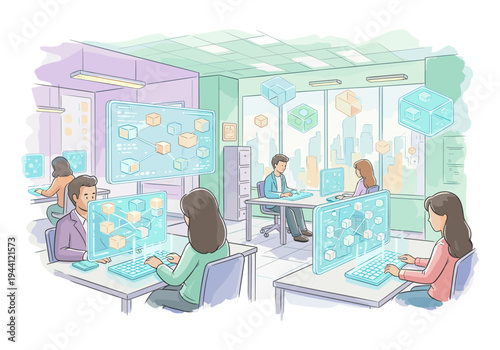 Diverse team collaborates on futuristic holographic data visualization in modern office