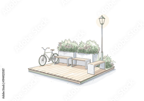 Modern urban park scene with bicycle, benches, planters, and lamppost illustration