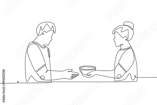 Women who give alms. Giving to charity concept one-line drawing