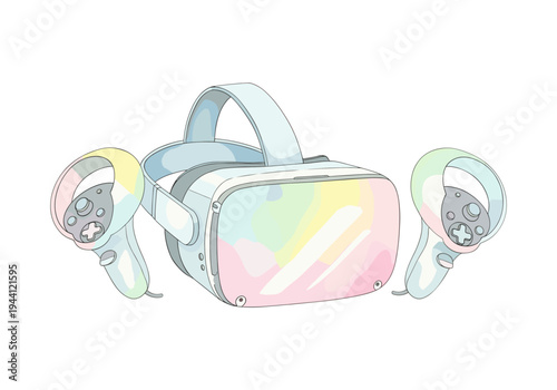 Virtual reality headset and controllers with a pastel rainbow gradient on the lenses and controllers