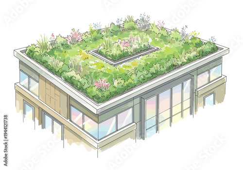 Modern building with a lush green roof garden providing ecological benefits