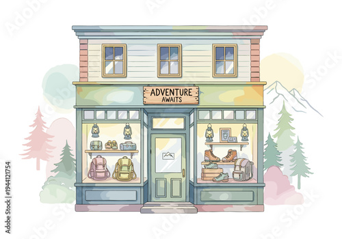 Charming adventure store facade with outdoor gear displayed in windows