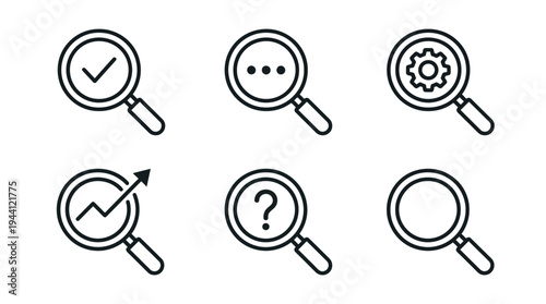 Six magnifying glass icons for search analysis and investigation on white background