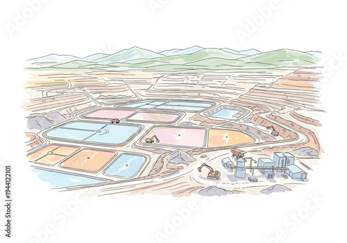 Aerial view of a large-scale mining operation with evaporation ponds and heavy machinery