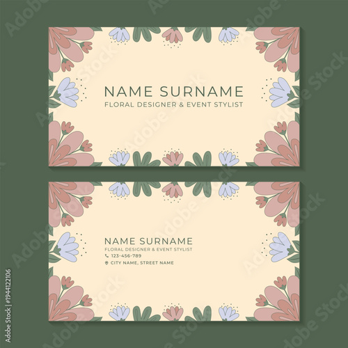 Minimalist visit card design with beige background and hand drawn pastel flowers vector illustration.