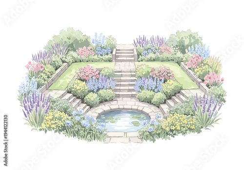 Beautiful watercolor illustration of a formal garden with a pond and stone steps