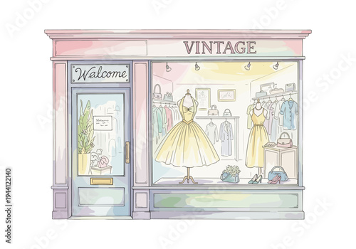 Charming vintage clothing boutique storefront with a welcoming display of dresses and accessories