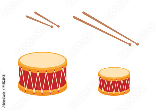 Drum and drumsticks icon set. Musical instrument symbol. Vector illustration
