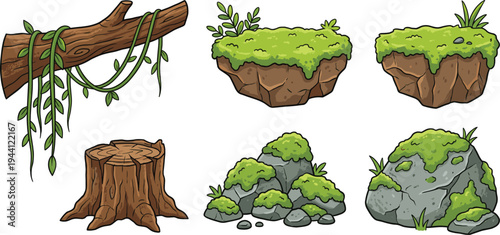 forest nature elements set, mossy rocks tree stump floating grass islands and vines collection for game environment assets, flat vector illustration