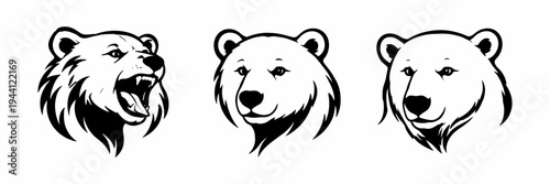 Bear heads illustration in black and white set