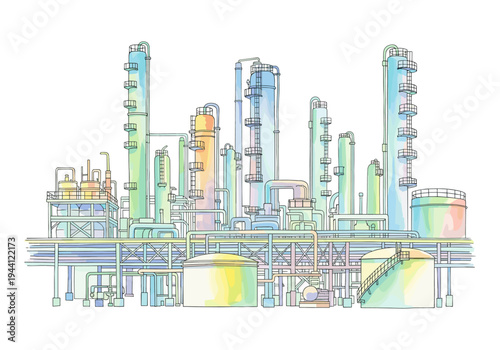Colorful illustration of a complex industrial refinery with towers and pipelines on a white background