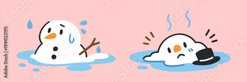 Whimsical illustration of two cartoon snowmen sadly melting in a warm climate, symbolizing the end of winter or climate change