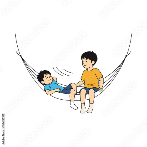 Two boys relaxing together in hammock on light background
