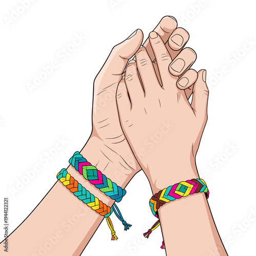Two friends holding hands wearing colorful friendship bracelets