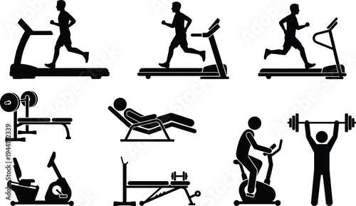 Gym, fitness, workout, exercise, training, treadmill, weightlifting, athlete, sport, equipment, bodybuilding, health, active, silhouette, collection, icon, black, isolated, flat, vector