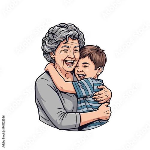 Grandmother and teenage grandson laughing together while hugging