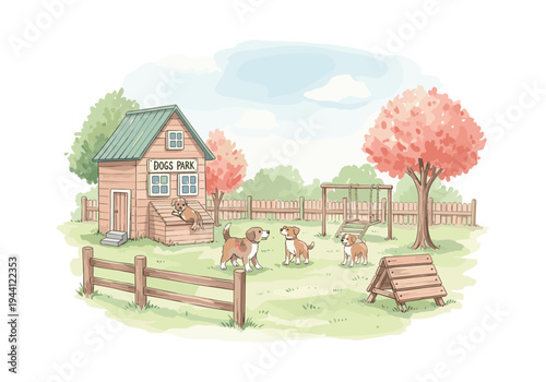 Charming illustration of a dog park with playful pups and a cute wooden house
