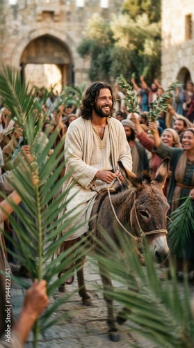 Jesus Christs Triumphal Entry into Jerusalem on a Donkey, Palm Sunday Celebration.