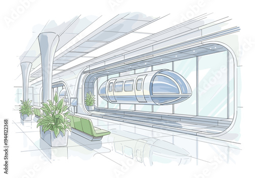 Futuristic monorail station with sleek train and modern architecture, clean design