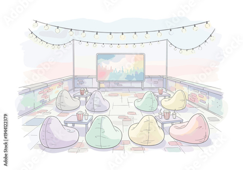 Cozy rooftop movie night with bean bags, popcorn, and string lights under the evening sky