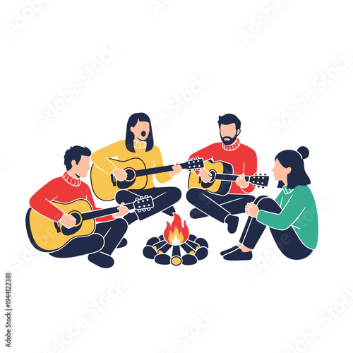 Group singing around bonfire and playing guitars