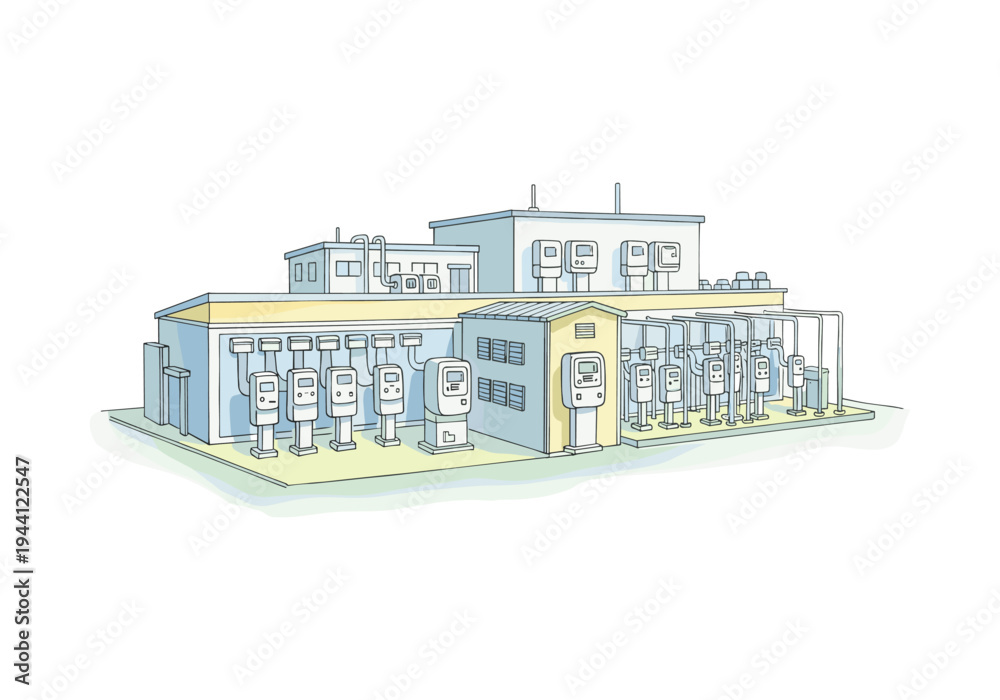Obraz premium Illustration of a modern utility substation with multiple electrical meters and distribution equipment